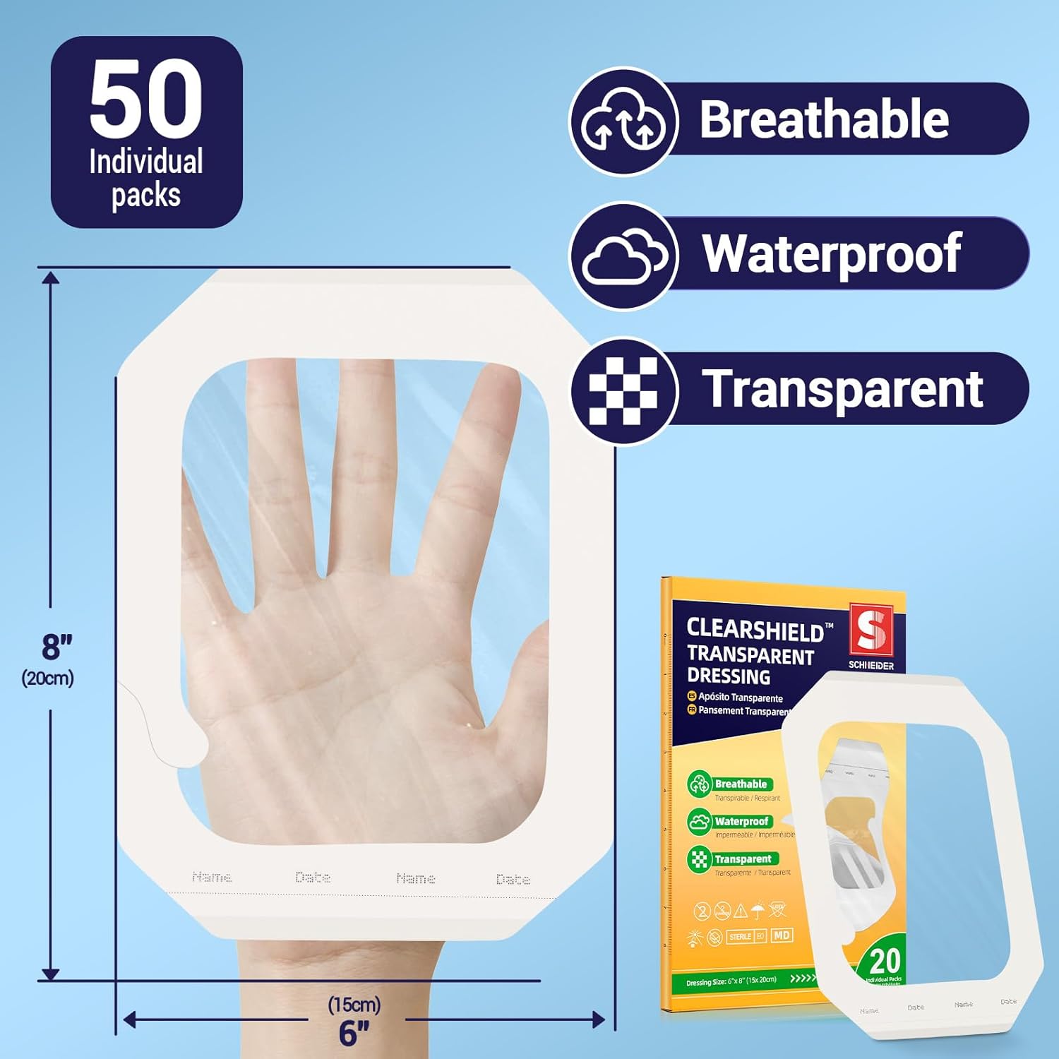 Transparent Film Dressing – Waterproof Breathable Adhesive Bandage, 6" x 8", ClearShield - SchneiderDirect.com