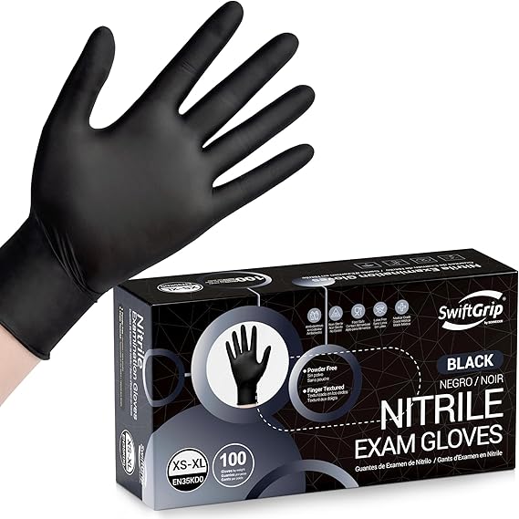 SwiftGrip Disposable Light-Duty Nitrile Gloves 10x100 Case Pack - Black (EN35K) 3Mil