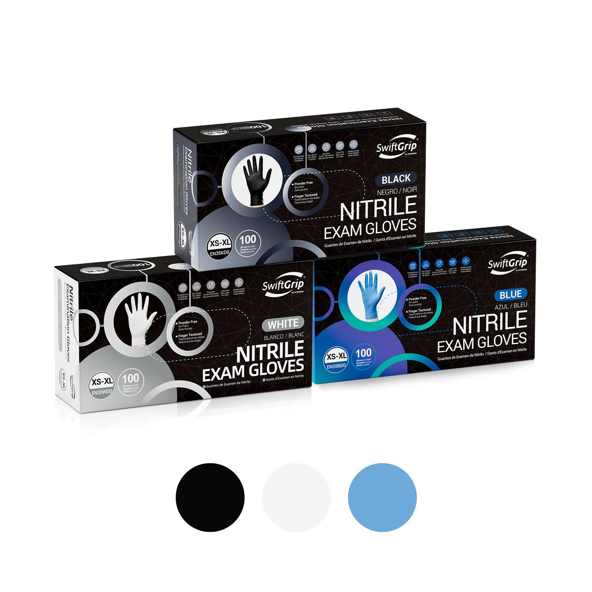 SwiftGrip Essential Neutrals Set Nitrile Disposable Gloves, 4 Mil, Latex-Free – Black, White & Blue (EN35S1)