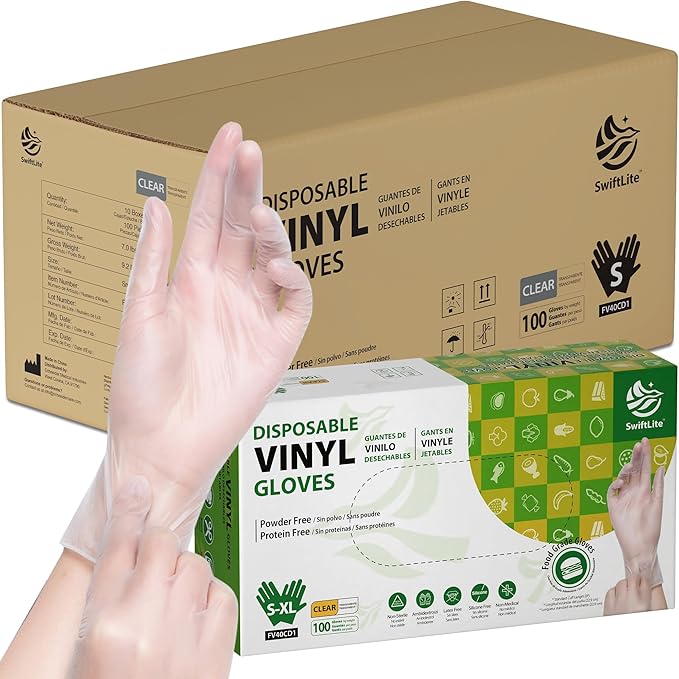 Vinyl Gloves Latex-Free 10x100 Case Pack 4Mil Disposable Gloves Clear, Swiftlite (FV40C)
