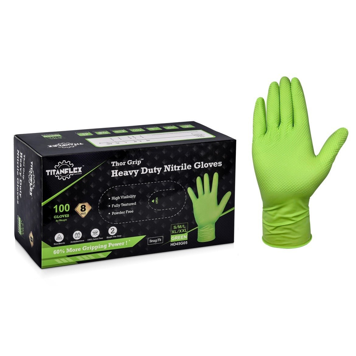 TitanFlex Disposable Heavy-Duty Nitrile Gloves 10x100 Case Pack - Green HD45G - 8Mil - SchneiderDirect.com