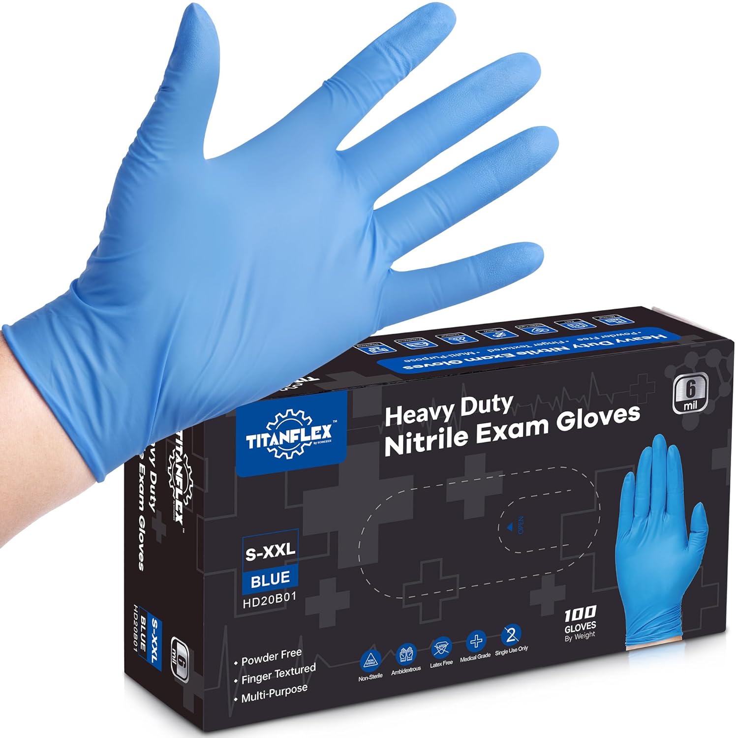 TitanFlex Disposable Heavy-Duty Nitrile Exam Gloves 10x100 Case Pack - Blue HD20B - 6Mil - SchneiderDirect.com