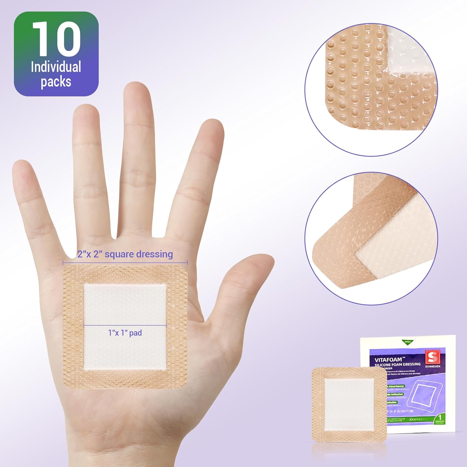 Silicone Foam Dressing – High Absorbency Wound Bandage with Border, 2" x 2", Schneider VitaFoam - SchneiderDirect.com
