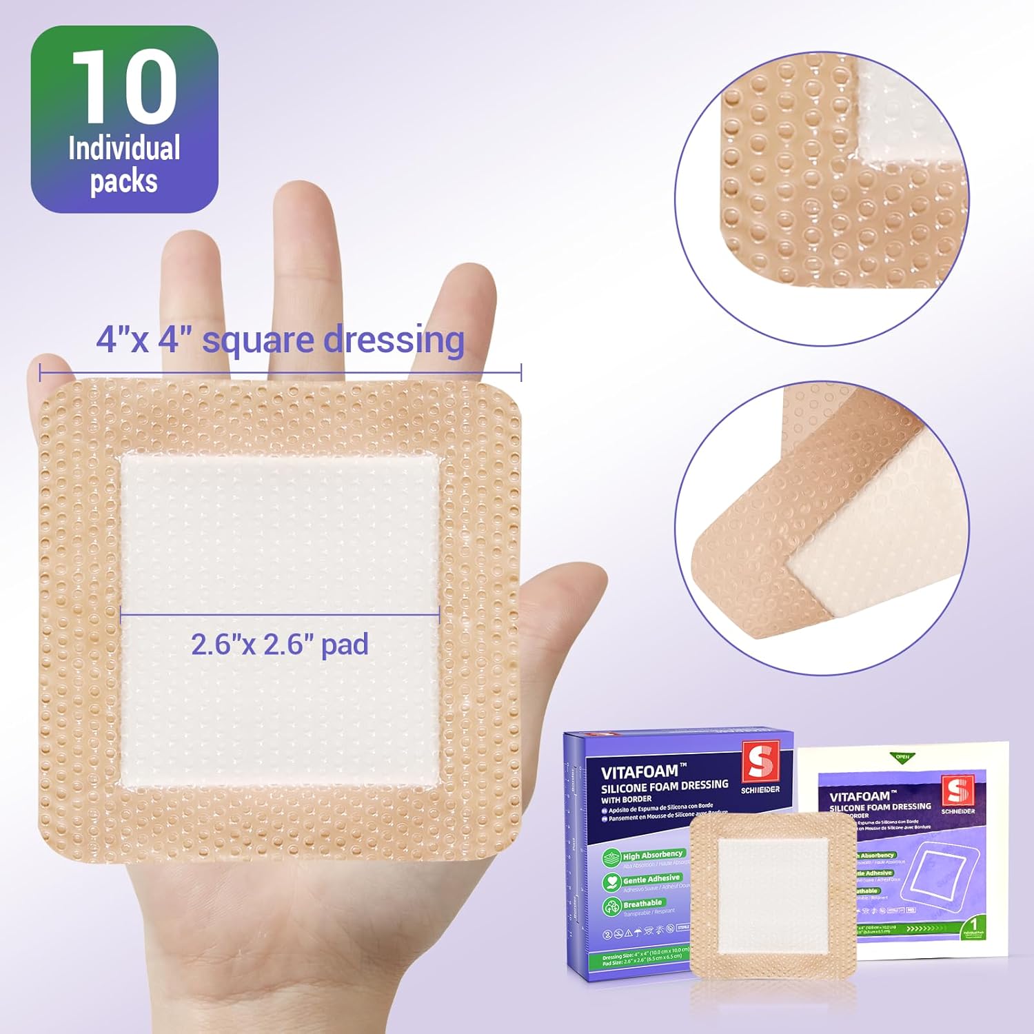 Silicone Foam Dressing – High Absorbency Wound Bandage with Border, 4"x4", Schneider VitaFoam - SchneiderDirect.com