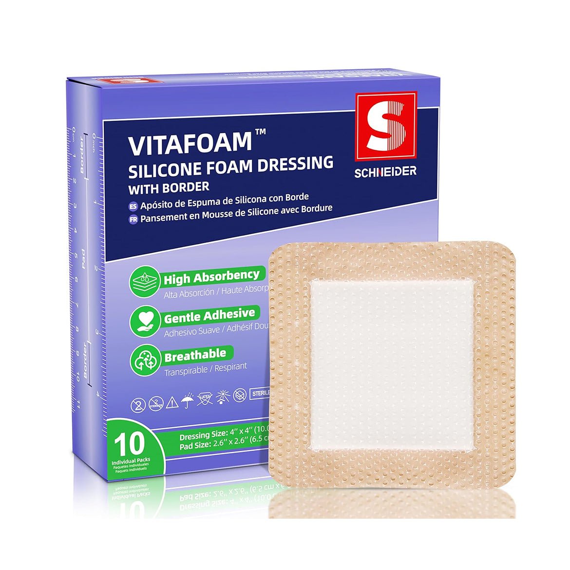 Silicone Foam Dressing – High Absorbency Wound Bandage with Border, 4"x4", Schneider VitaFoam - SchneiderDirect.com