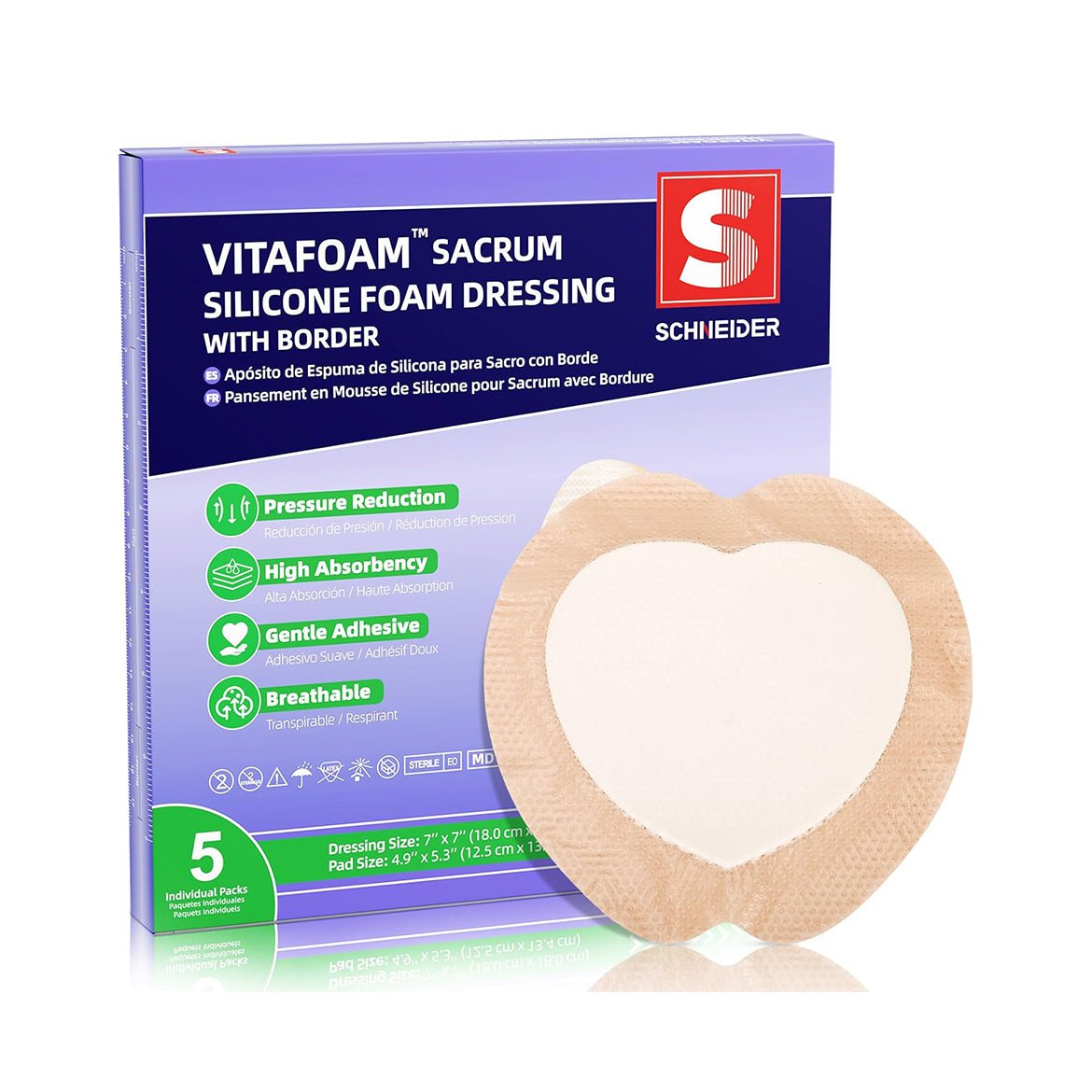 Silicone Foam Sacrum Dressing – High Absorbency Patch with Border, 7" x 7", Schneider VitaFoam - SchneiderDirect.com