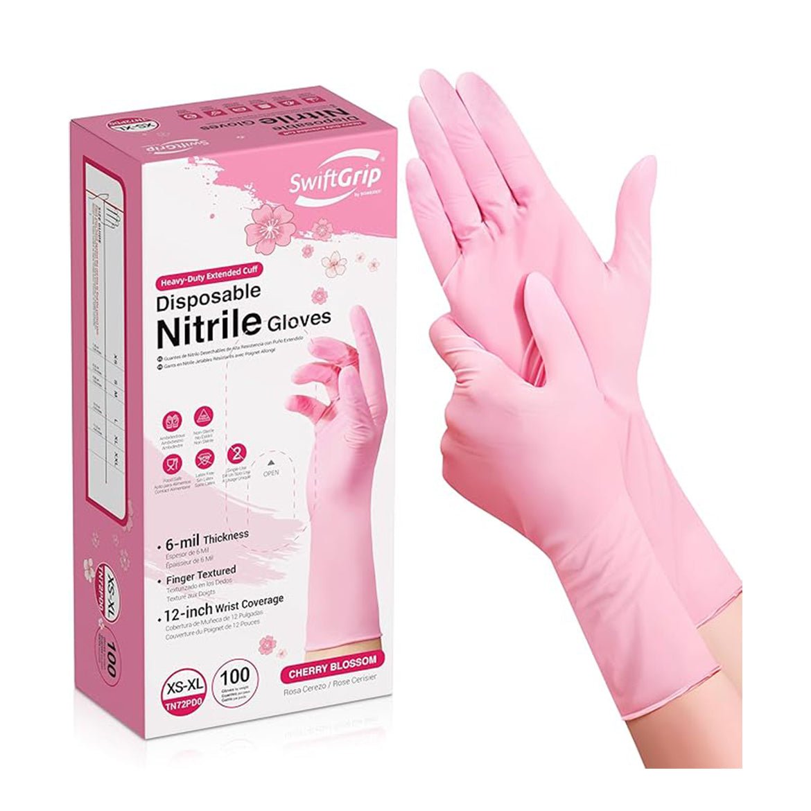 Nitrile Gloves Latex-Free 10x100 Case Pack 3Mil Disposable Gloves Cherry Blossom, SwiftGrip (TN72P)