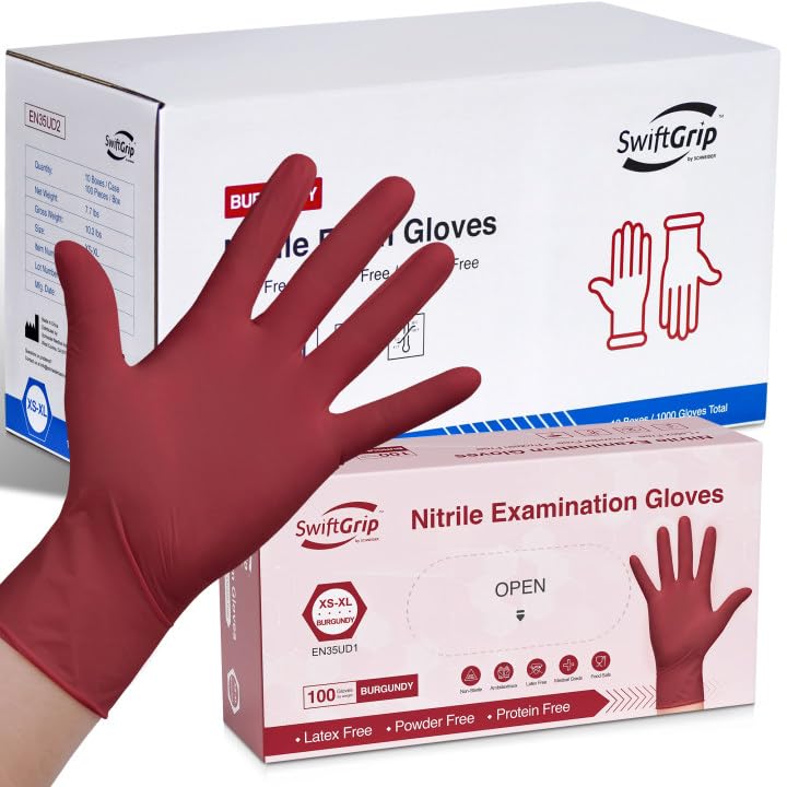 SwiftGrip Disposable Light-Duty Nitrile Exam Gloves 20x50 Case Pack - Burgundy EN35U - 3Mil - SchneiderDirect.com