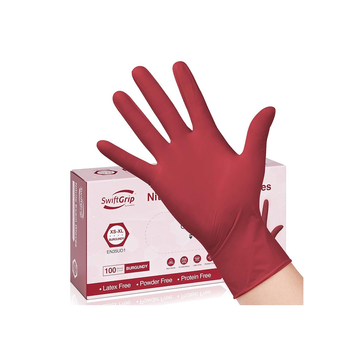 SwiftGrip Disposable Light-Duty Nitrile Exam Gloves 10x100 Case Pack - Burgundy EN35U - 3Mil - SchneiderDirect.com