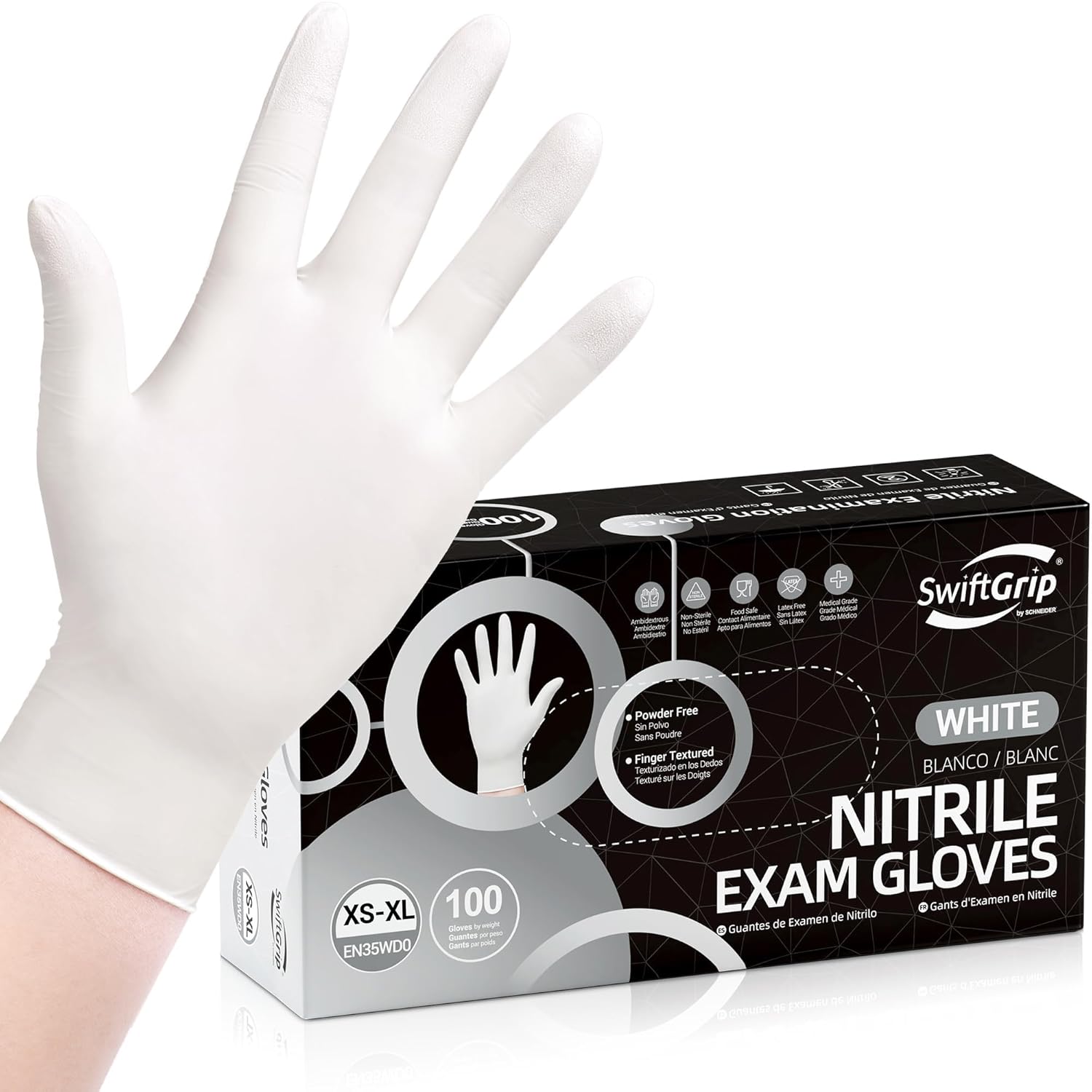 SwiftGrip Disposable Light-Duty Nitrile Exam Gloves 10x100 Case Pack - EN35W White - 3Mil - SchneiderDirect.com