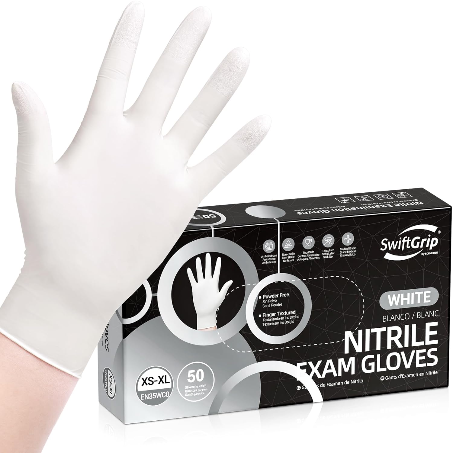 SwiftGrip Disposable Light-Duty Nitrile Exam Gloves 20x50 Case Pack - EN35W White - 3Mil - SchneiderDirect.com