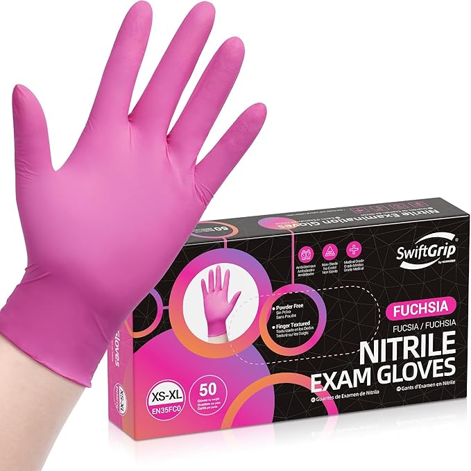 Nitrile Gloves Latex-Free 20x50 Case Pack 4Mil Disposable Gloves Fuchsia, SwiftGrip (EN35F)