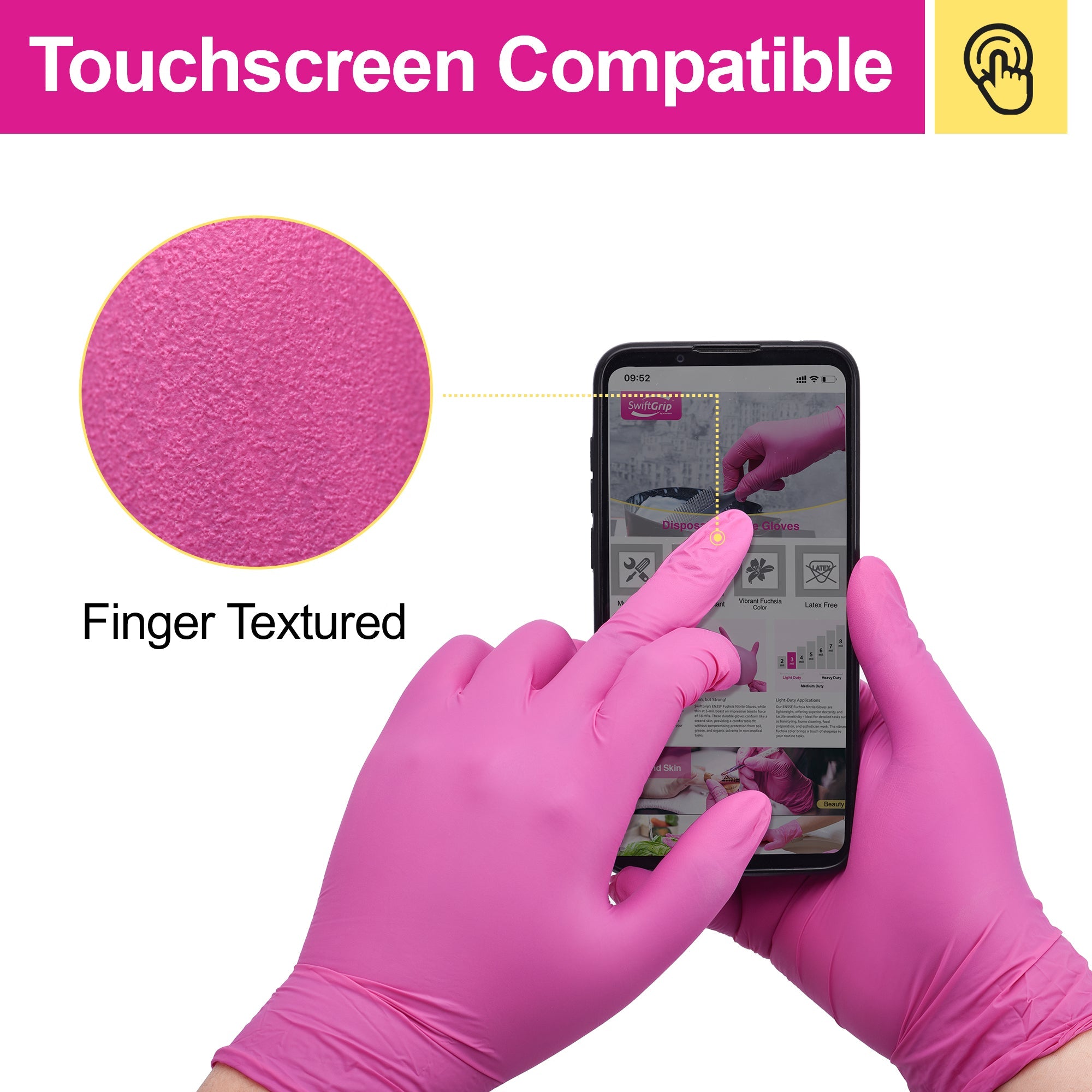 Nitrile Gloves Latex-Free 20x50 Case Pack 4Mil Disposable Gloves Fuchsia, SwiftGrip (EN35F)