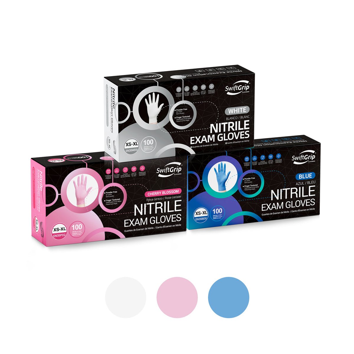 SwiftGrip Professional Clinic Set Nitrile Disposable Gloves, 4 Mil, Latex-Free – Pink, White & Blue (EN35S2)