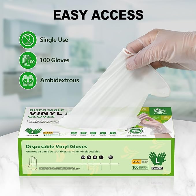 Vinyl Gloves Latex-Free 10x100 Case Pack 4Mil Disposable Gloves Clear, Swiftlite (FV40C)