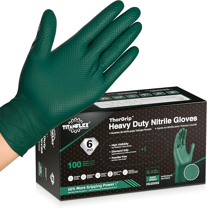 TitanFlex Disposable Heavy-Duty Industrial Nitrile Gloves 10x100 Case Pack – HD25X Dark Green - 6Mil - SchneiderDirect.com