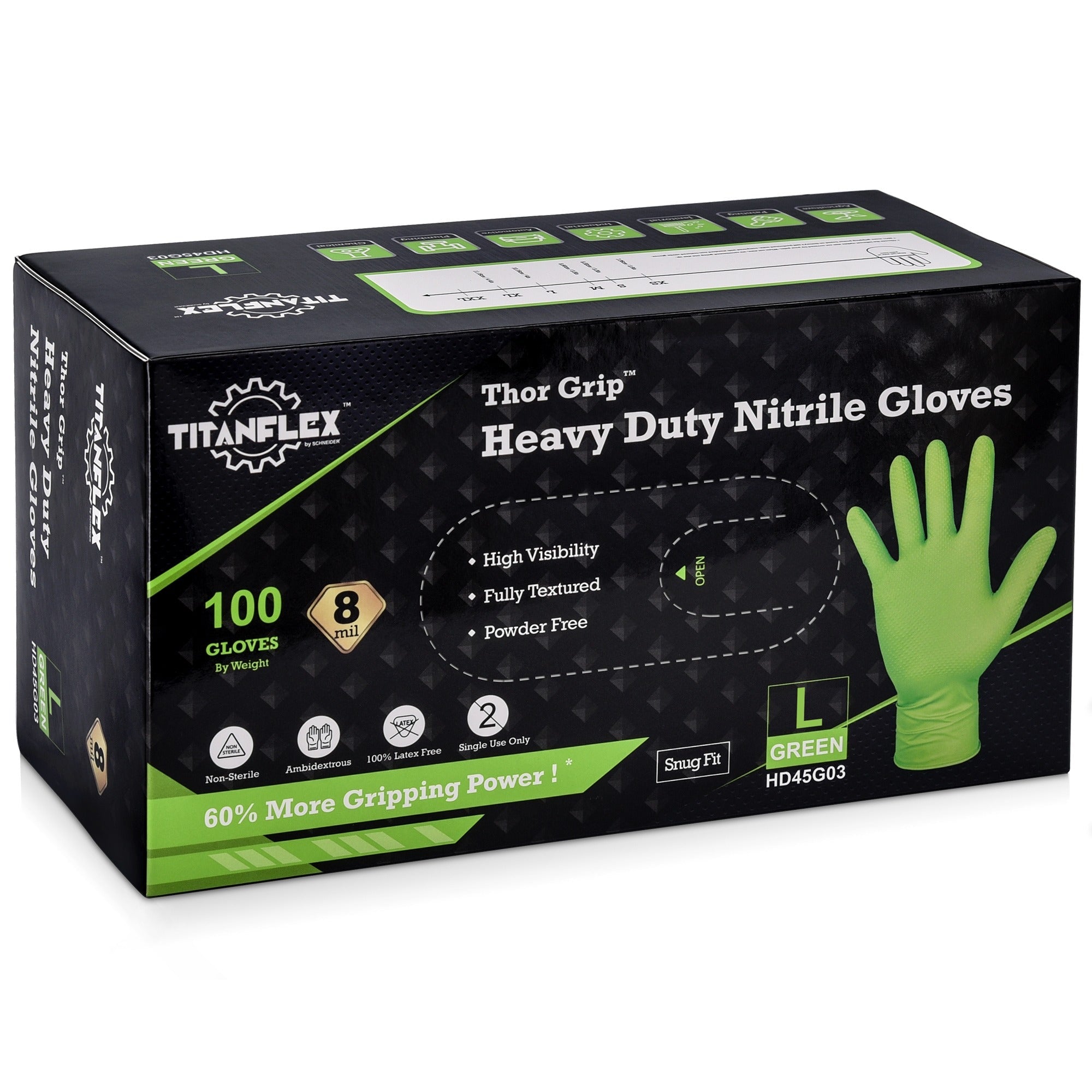TitanFlex HD45G Series Green Heavy Duty Industrial Nitrile Gloves, Large, Box of 100